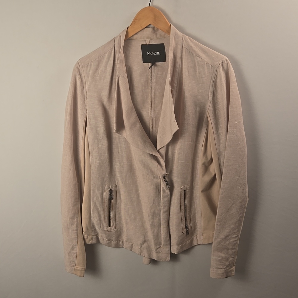 NIC+ZOE Beige Mixed Media Moto Jacket Sz‎ M Linen Blend Boho Chic